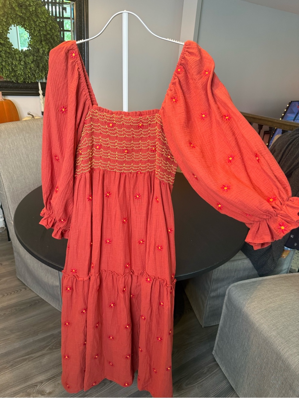 Chic Soul Red Embroidered Smocked Maxi Dress with Puff Sleeves